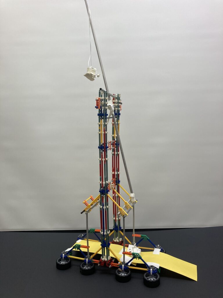 A particularly tall K'Nex trebuchet